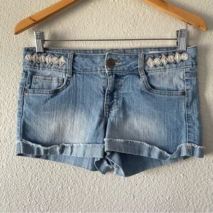 VTG L.E.I. Ashley Low Rise Micro Mini Shorts Junior 7 Light Wash Embroidered Y2K